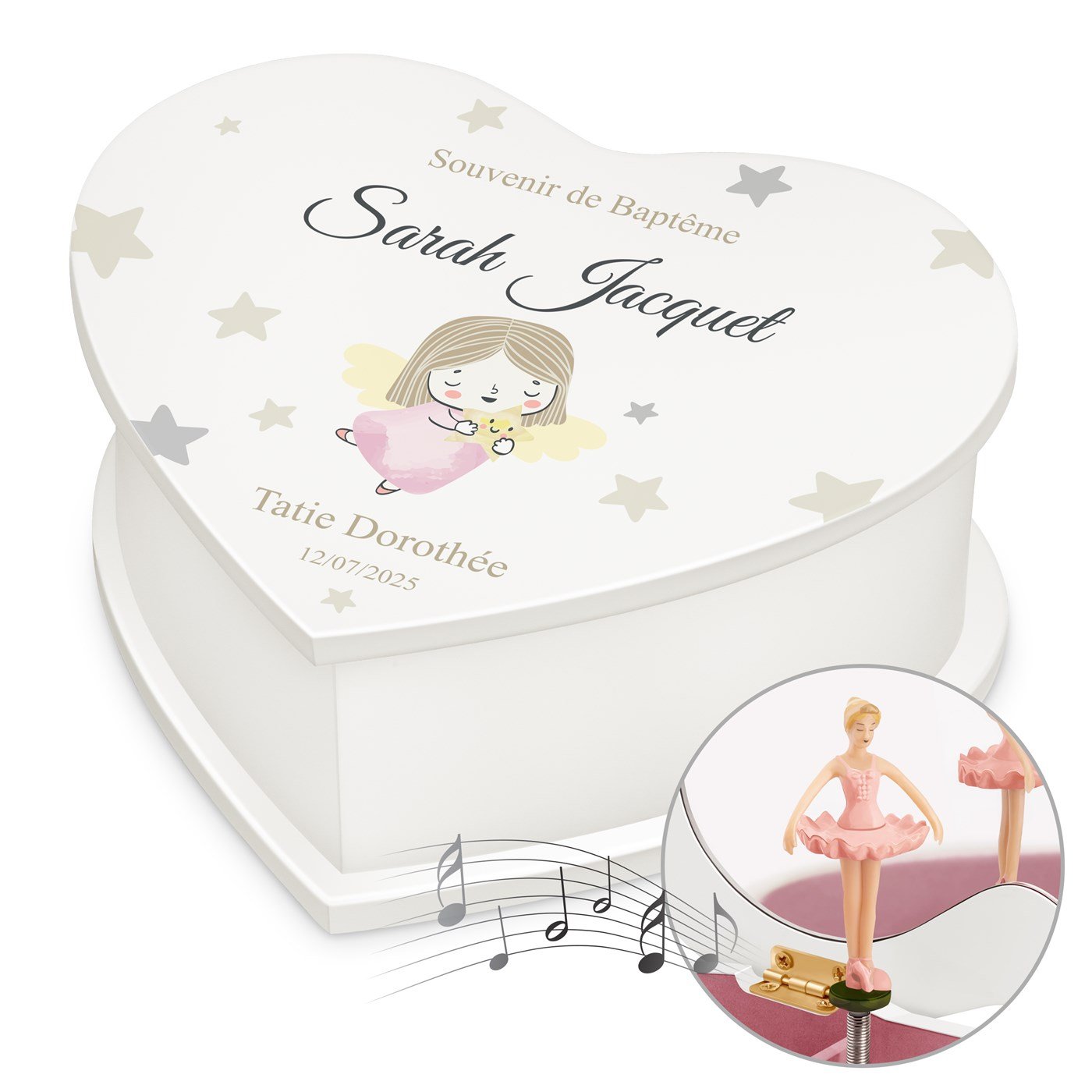 Murrano Heart-Shaped Music Box with Baptismal Print for Niece