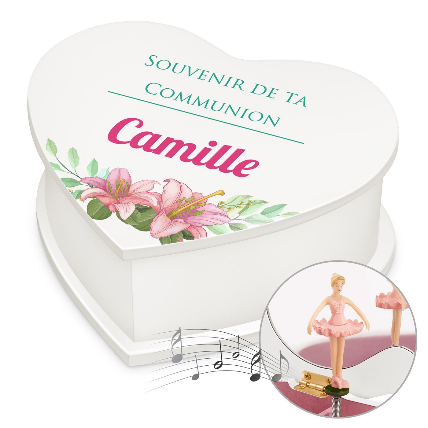 Murrano Heart-Shaped Music Box with Custom Print for a Girl's Communion