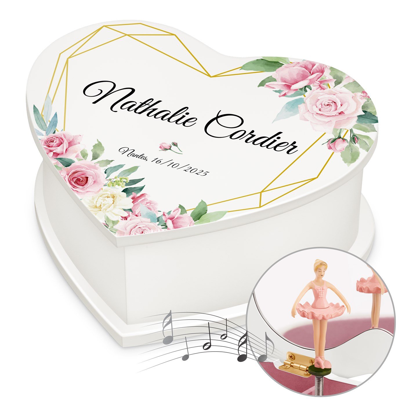 Caja musical de forma corazón personalizada para una niña - Murrano