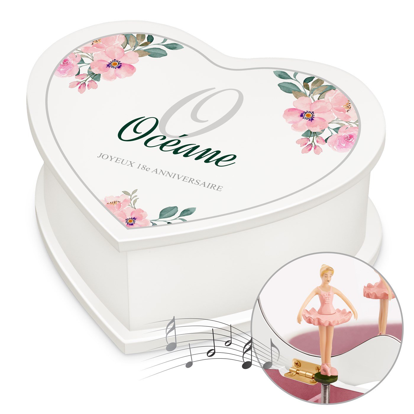 Caja musical de corazón personalizada para el cumpleaños número 18