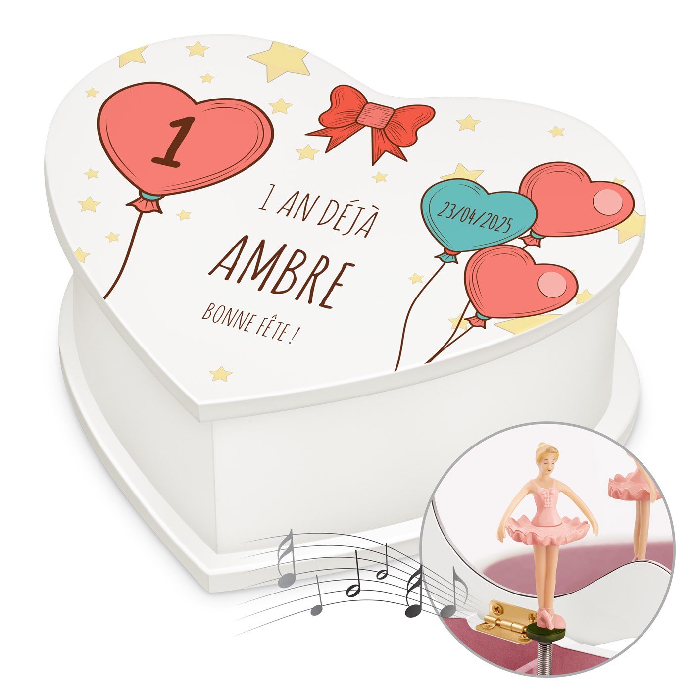 Caja musical de corazón Murrano para el primer cumpleaños de una niña