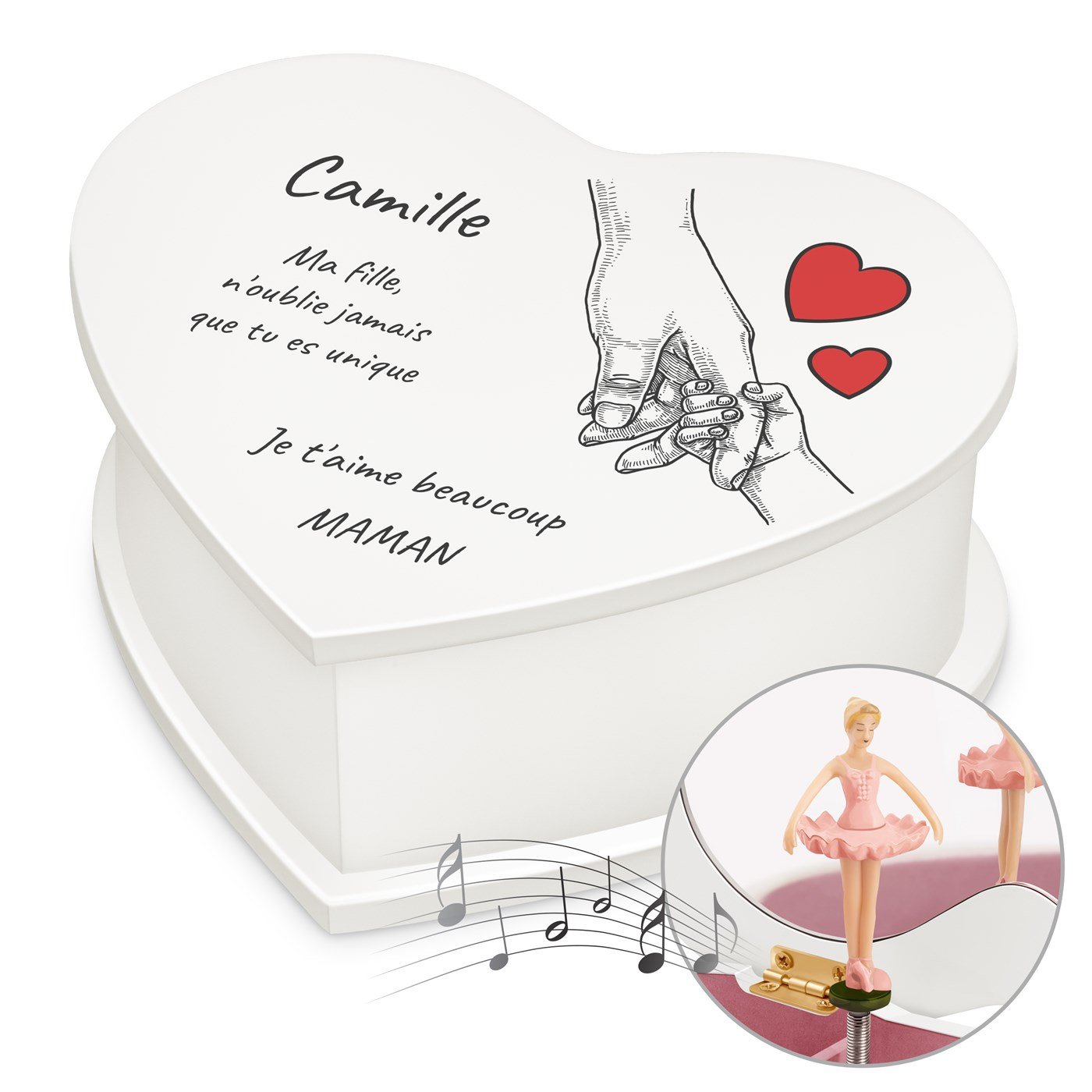 Caja musical en forma de corazón personalizada de Murrano para el cumpleaños de una niña única