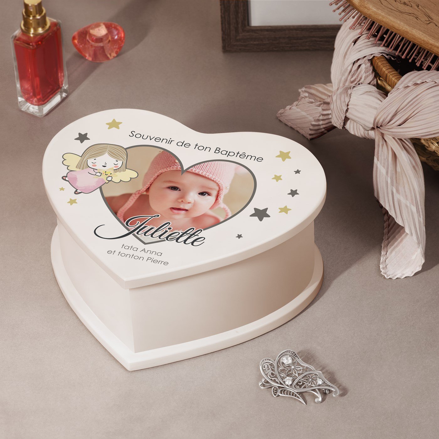 Caja de joyas personalizada en forma de corazón Murrano con foto para el bautizo de su sobrina