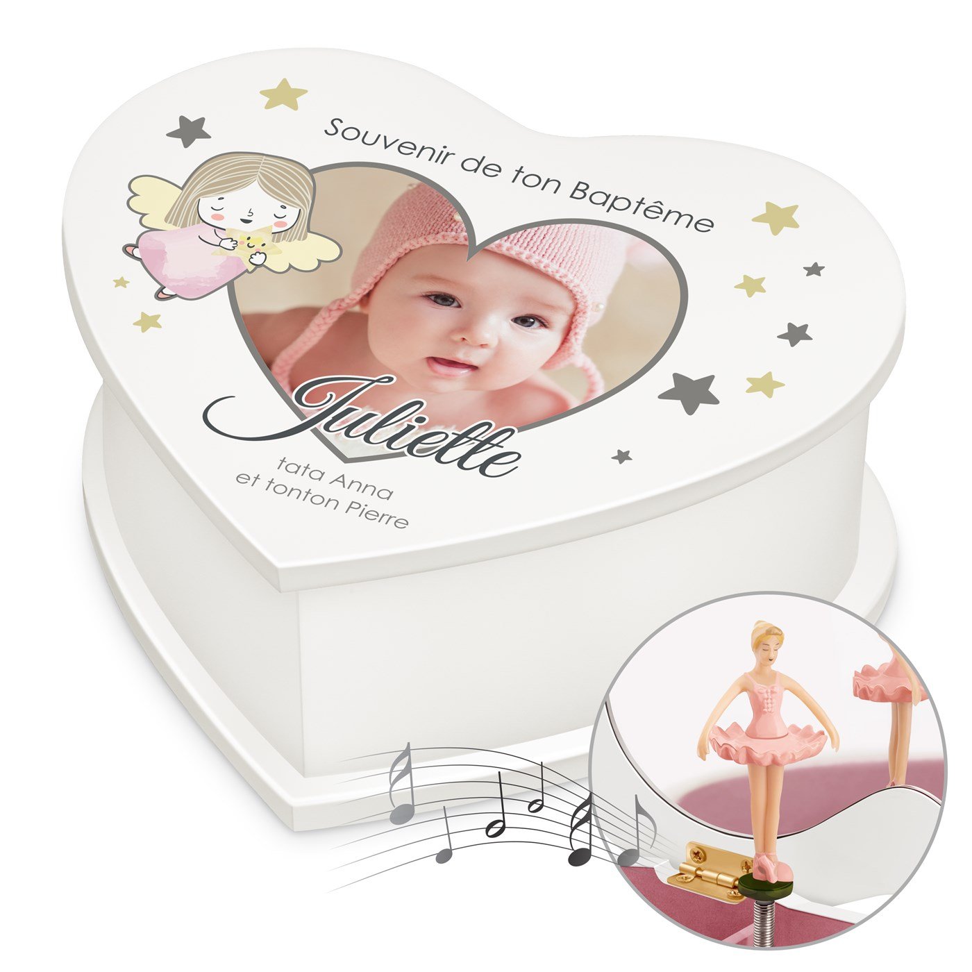 Caja de joyas personalizada en forma de corazón Murrano con foto para el bautizo de su sobrina