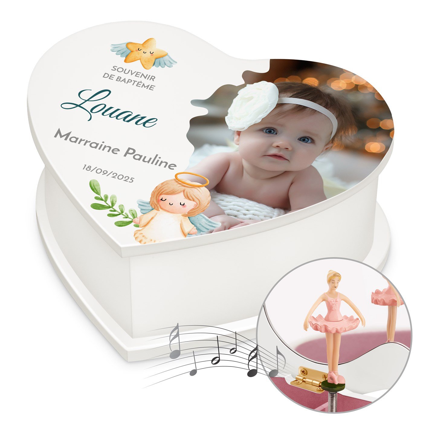 Caja musical en forma de corazón Murrano con foto para el bautismo de una ahijada