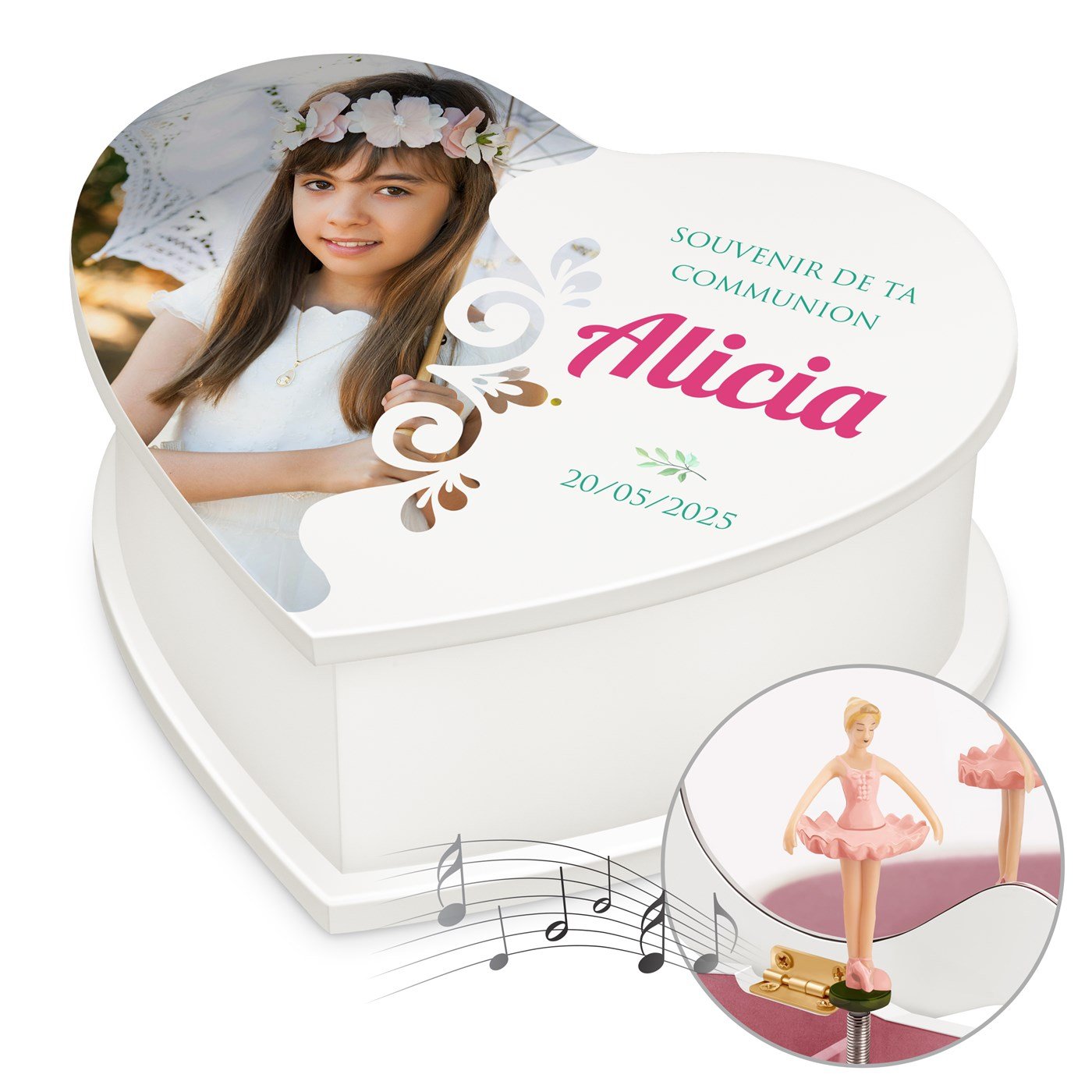 Caja de joyas personalizada en forma de corazón Murrano con foto para la comunión