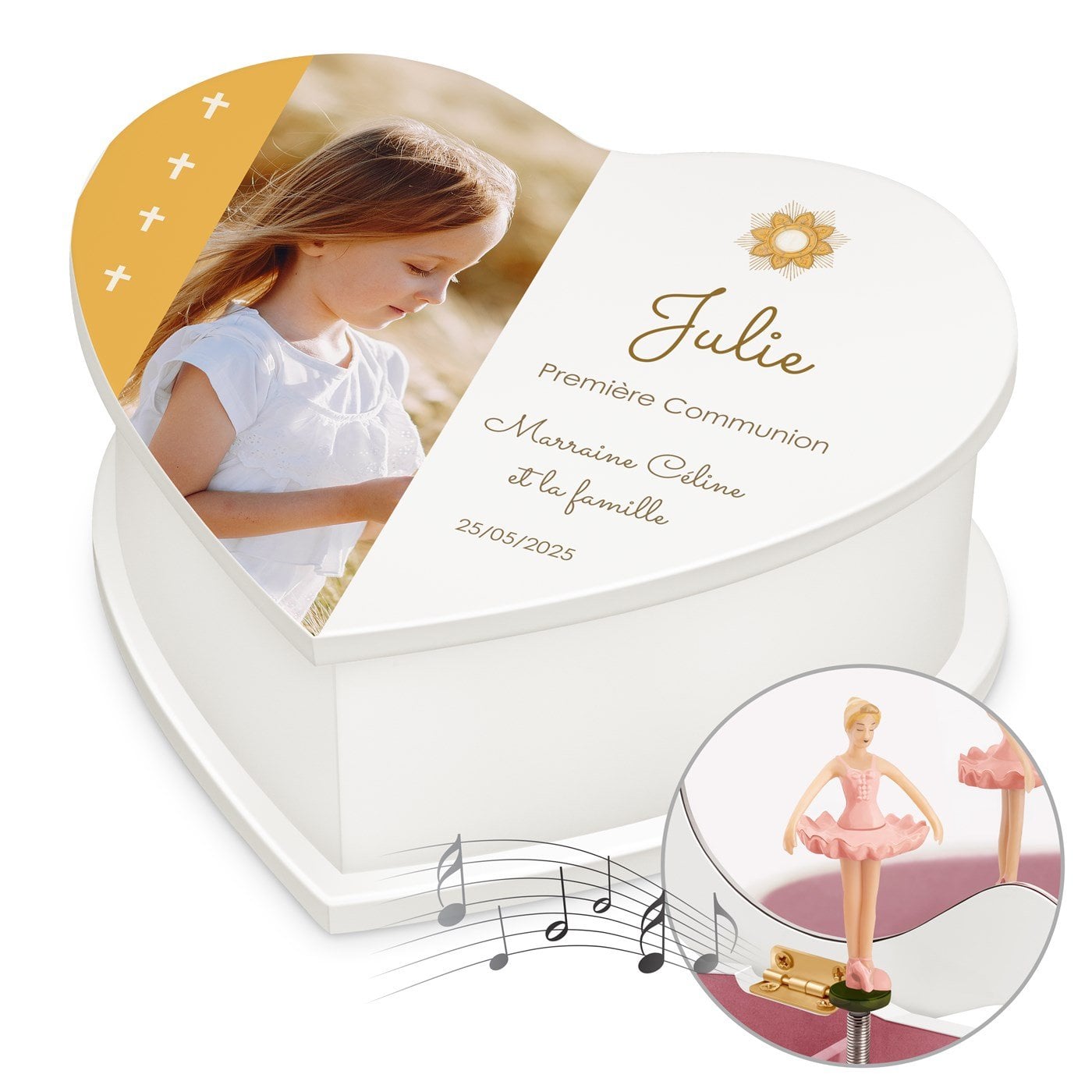 Caja musical de corazón Murrano personalizada con foto para la primera comunión de una ahijada