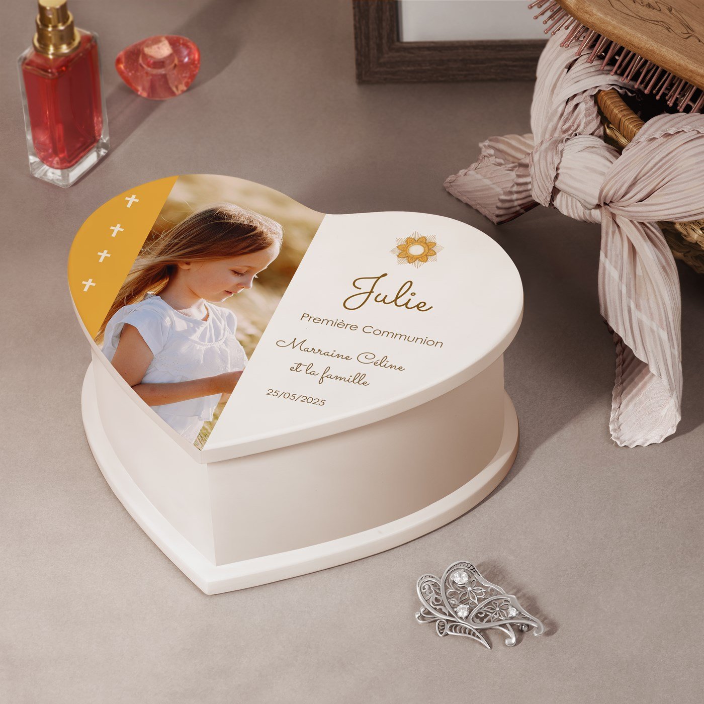Murrano Heart-Shaped Music Box with Personalized Photo for Goddaughter's First Communion