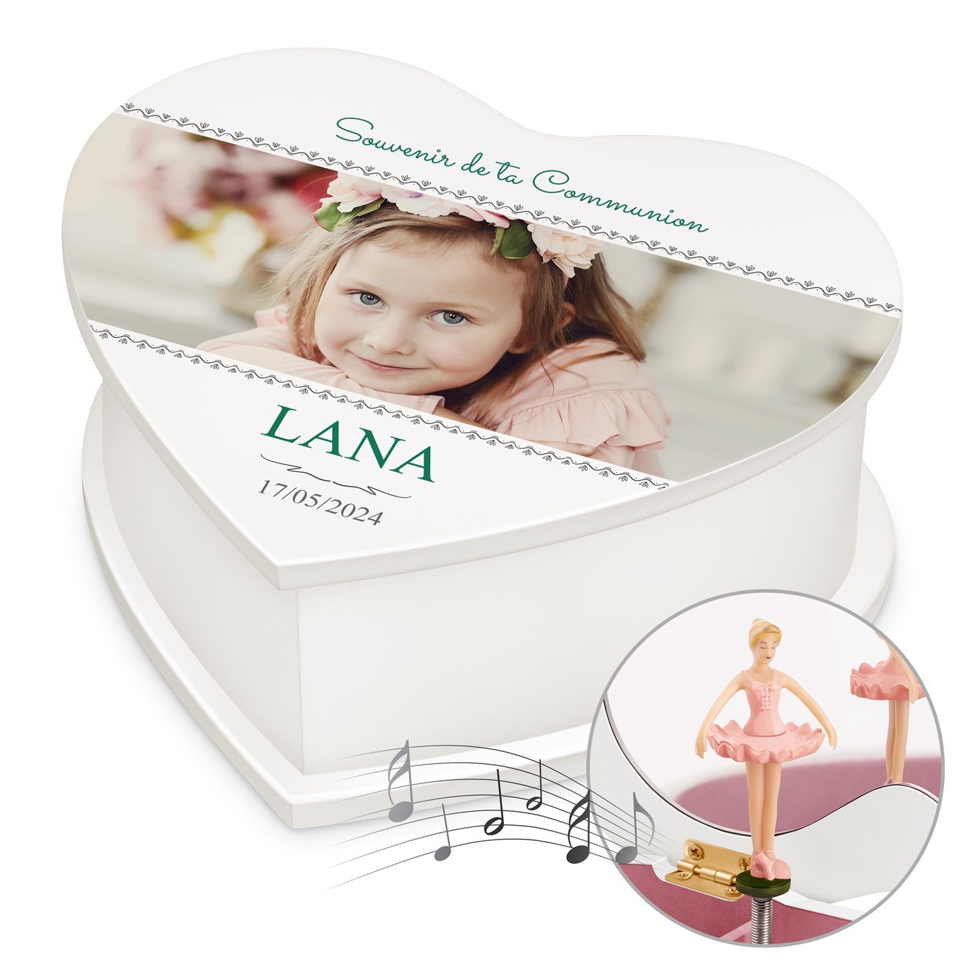 Caja musical en forma de corazón personalizada con foto para la primera comunión de una niña