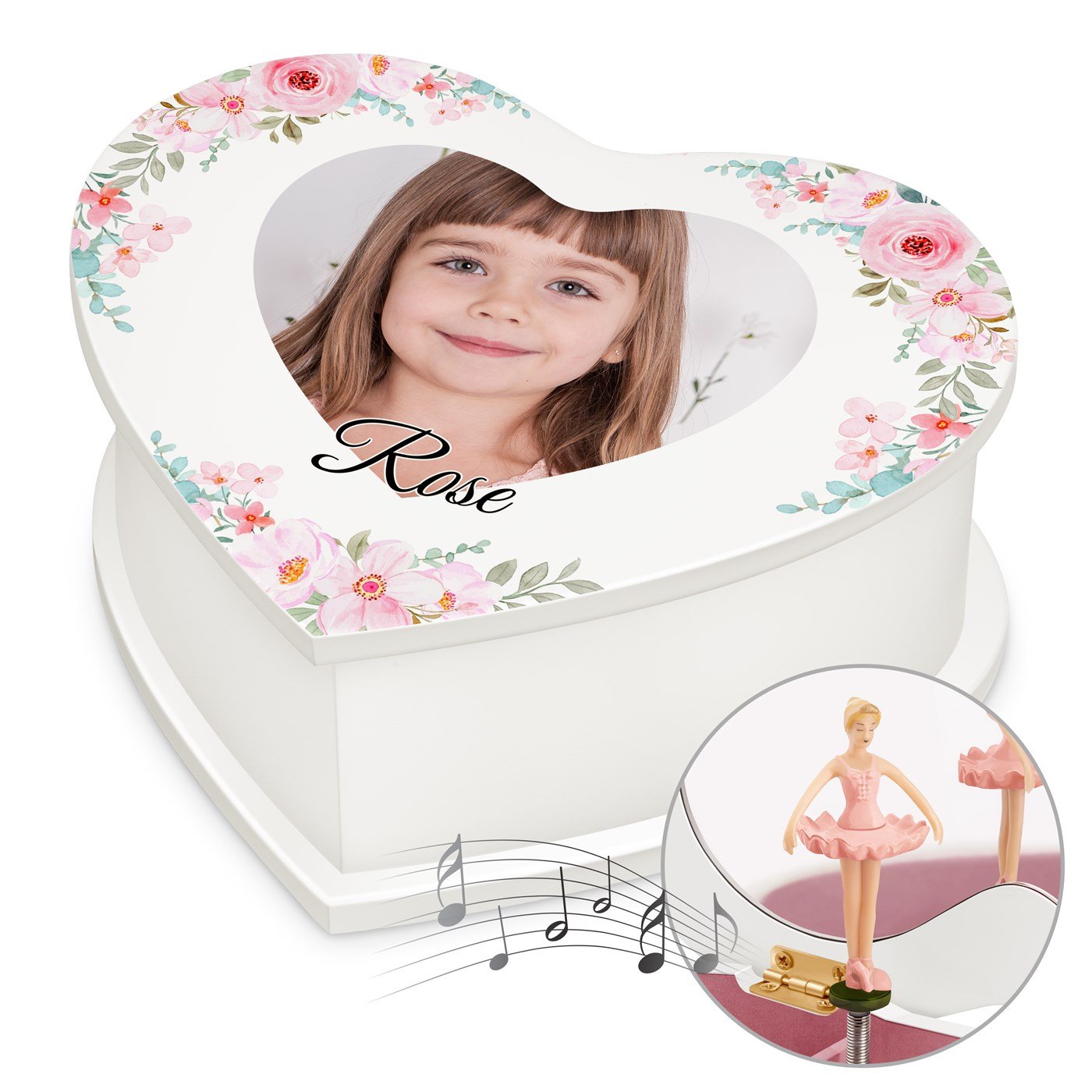 Caja musical de corazón Murrano con foto para el cumpleaños de una niña