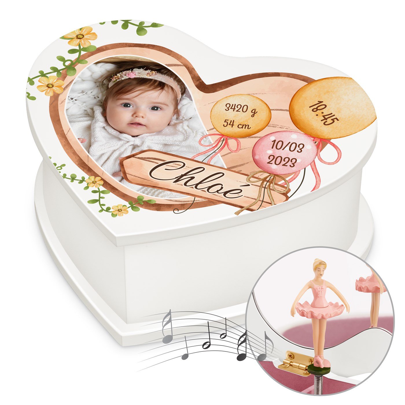Caja de joyas personalizada con música en forma de corazón Murrano para una niña