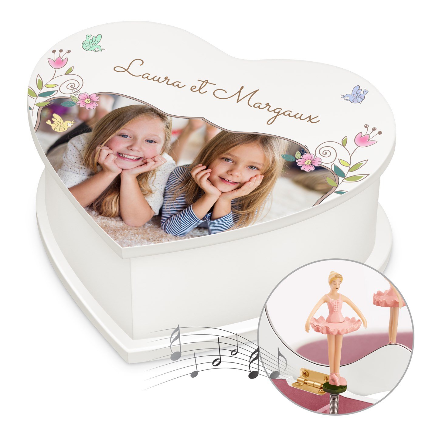 Caja musical de forma de corazón personalizada Murrano para gemelas