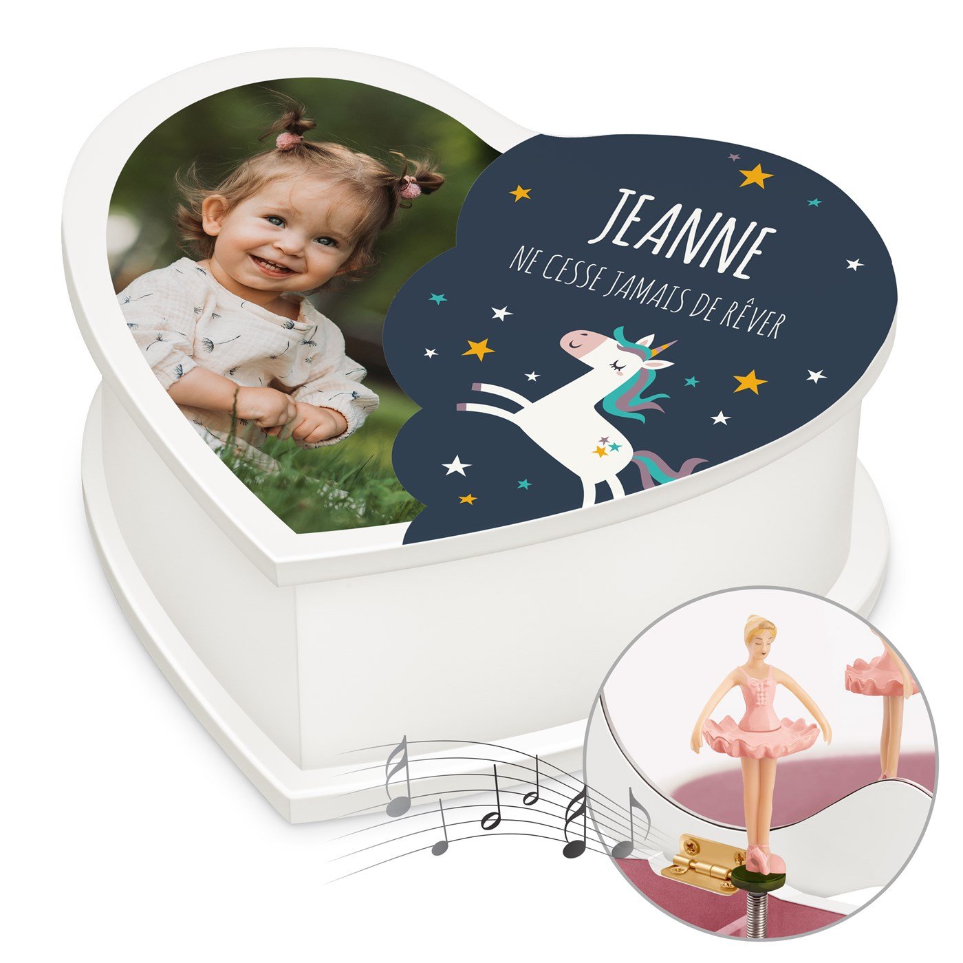 Caja de joyas personalizada en forma de corazón Murrano con una foto para el cumpleaños de una niña pequeña