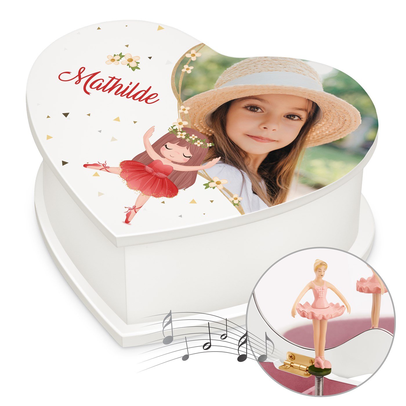 Caja musical en forma de corazón personalizada Murrano para el cumpleaños de una sobrina