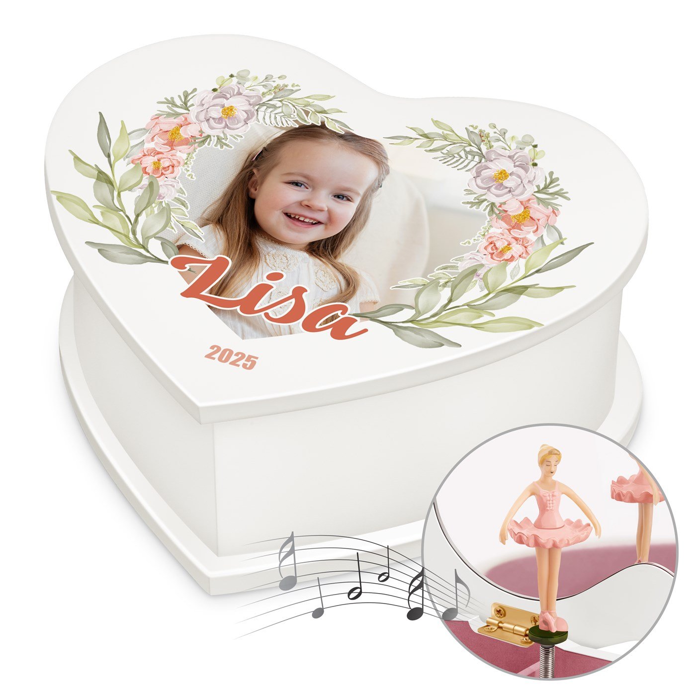 Caja musical de corazón personalizada con foto para ahijada en su cumpleaños