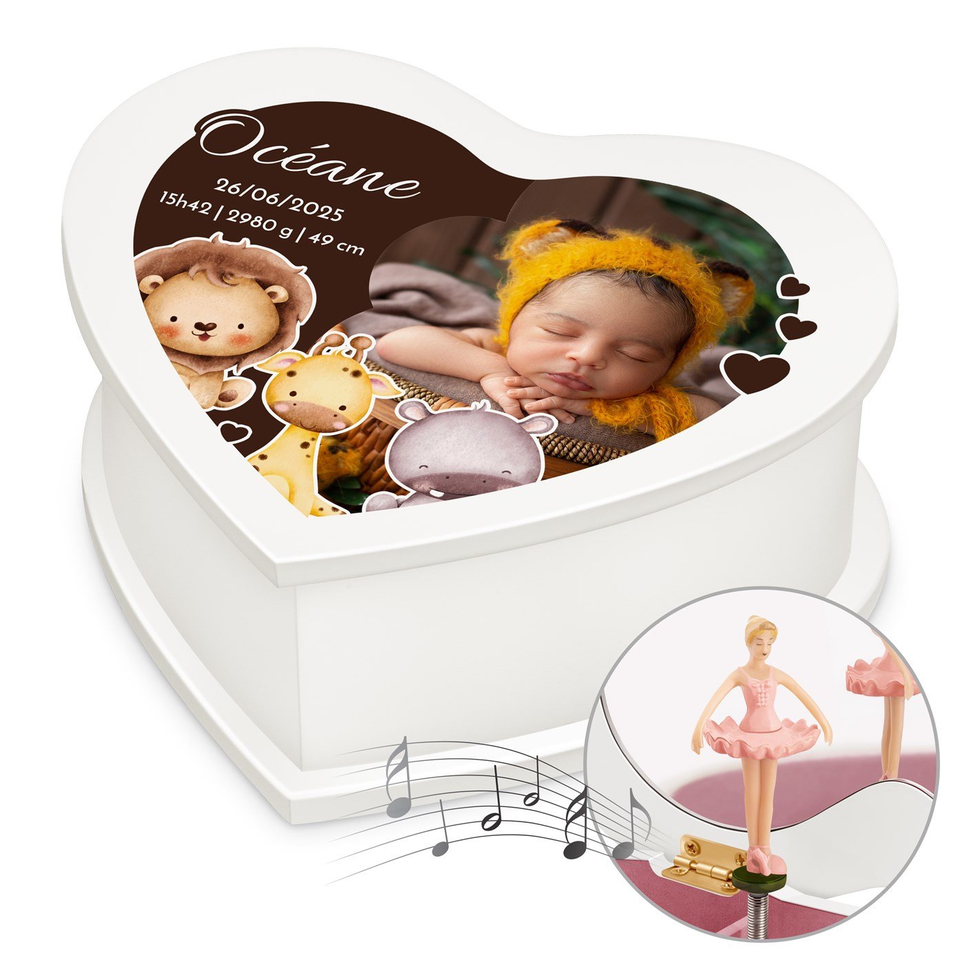 Caja musical en forma de corazón Murrano con foto para una sobrina