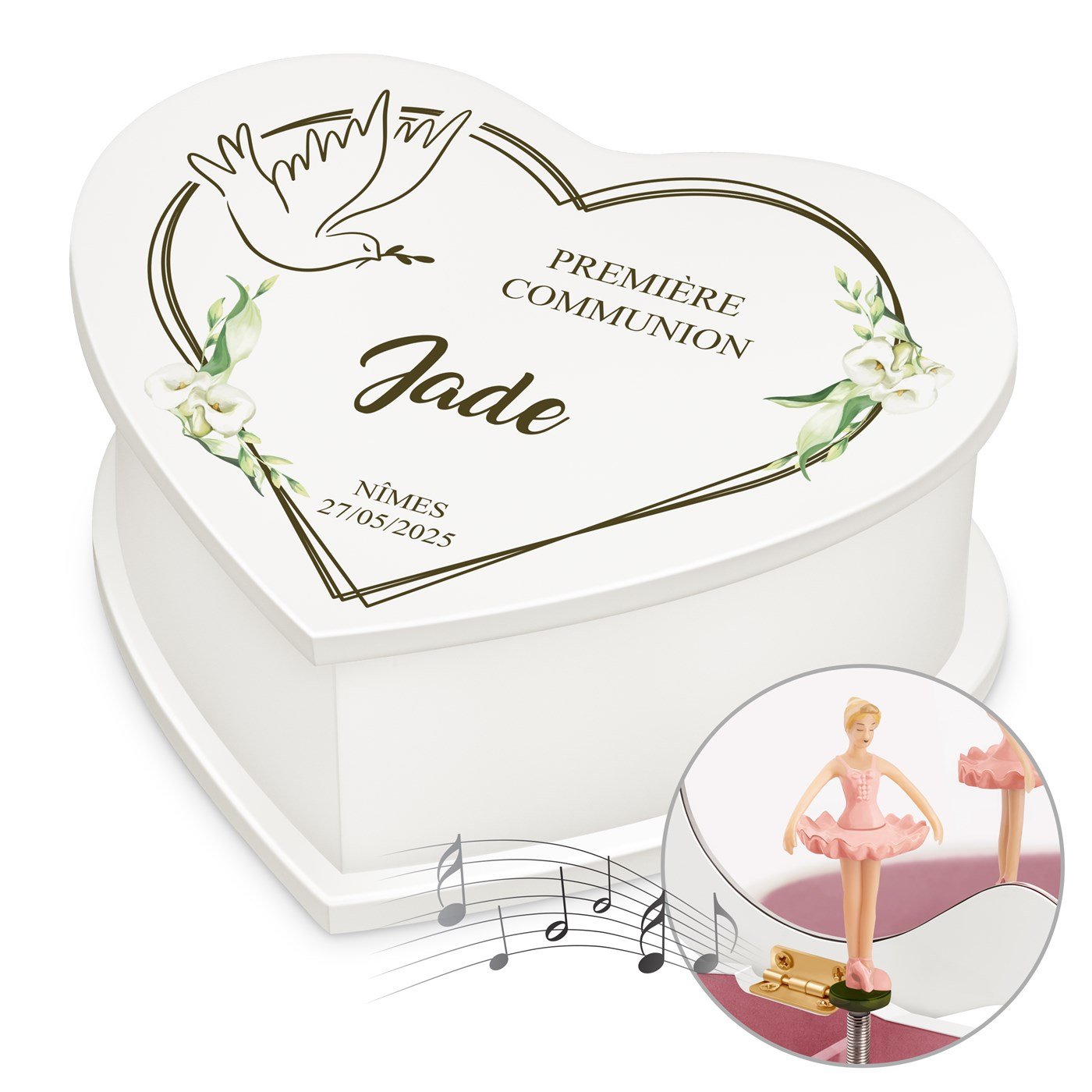 Caja de joyas personalizada en forma de corazón Murrano para la primera comunión de una niña