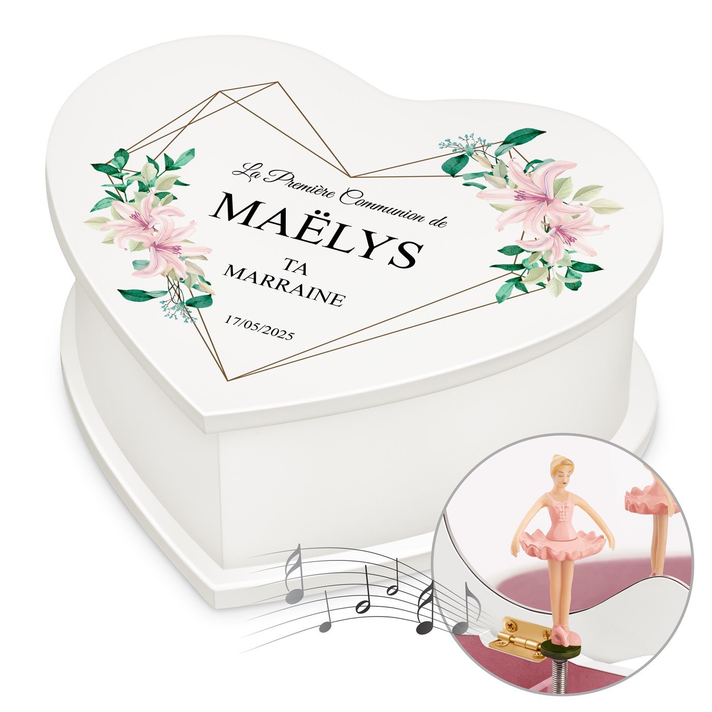Caja musical de corazón personalizada para la primera comunión de una ahijada