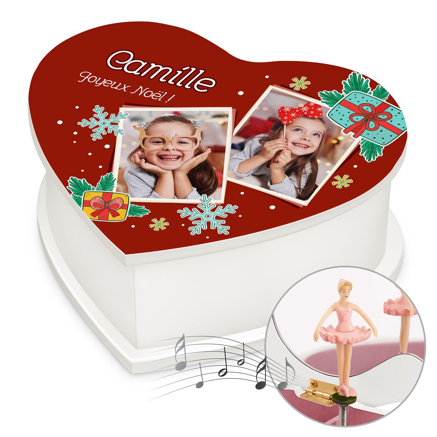 Caja de joyas personalizada en forma de corazón Murrano con foto para una niña para Navidad