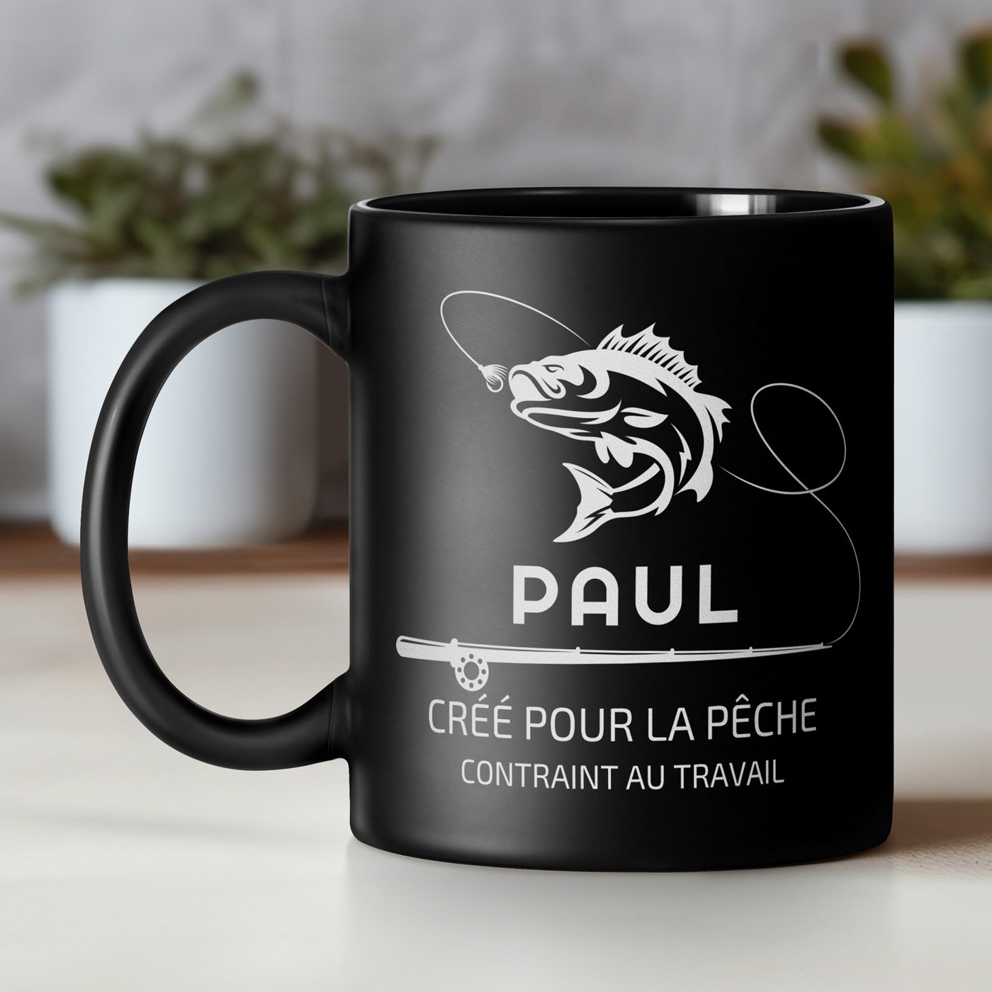 Mug temático de pesca personalizado de cerámica negra Murrano