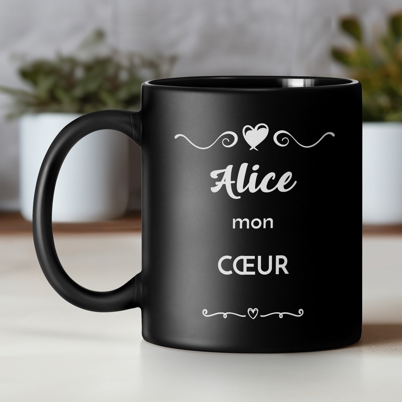 Taza de cerámica negra Murrano con personalización para novia - Día de San Valentín