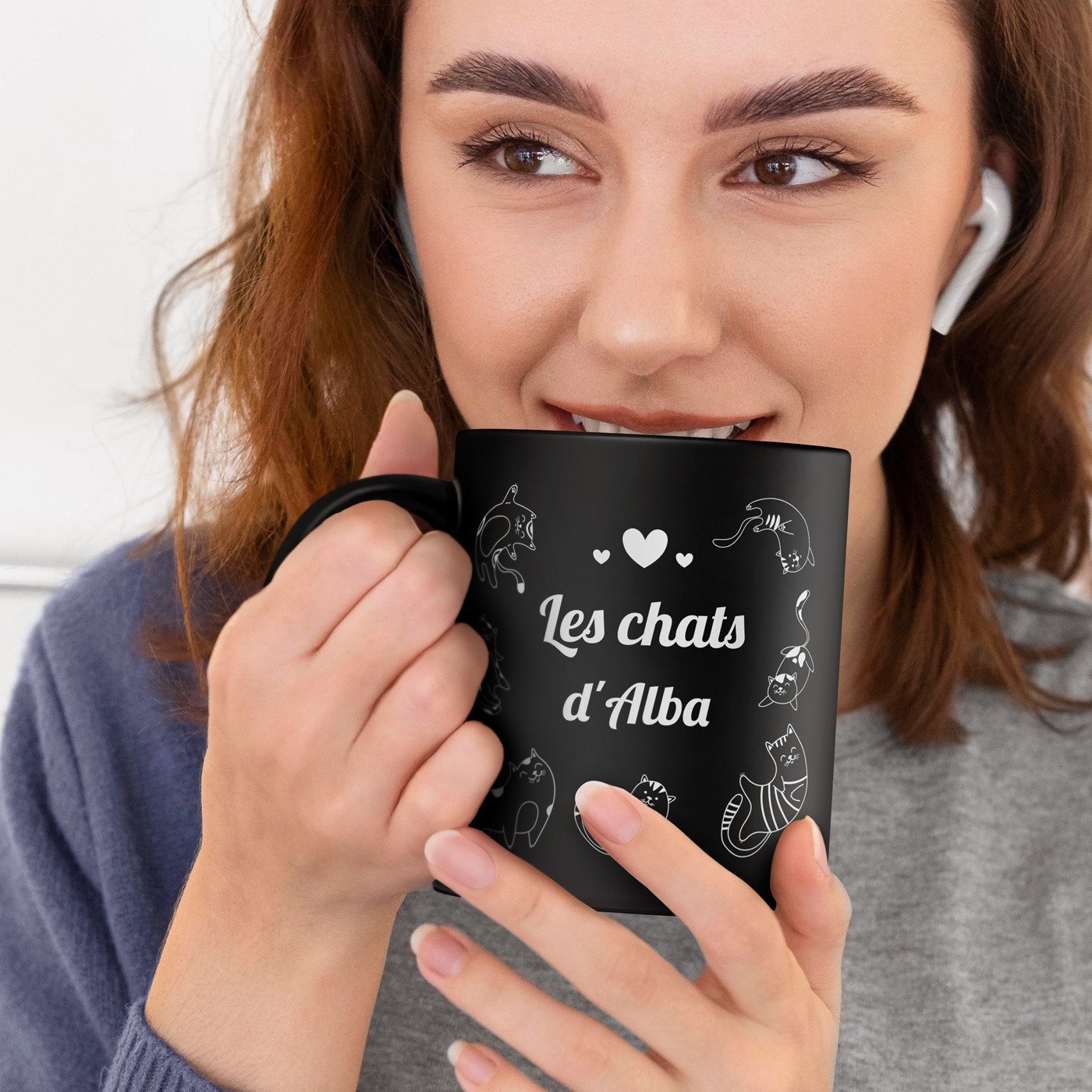 Mug de cerámica negra Murrano para amante de los gatos con personalización