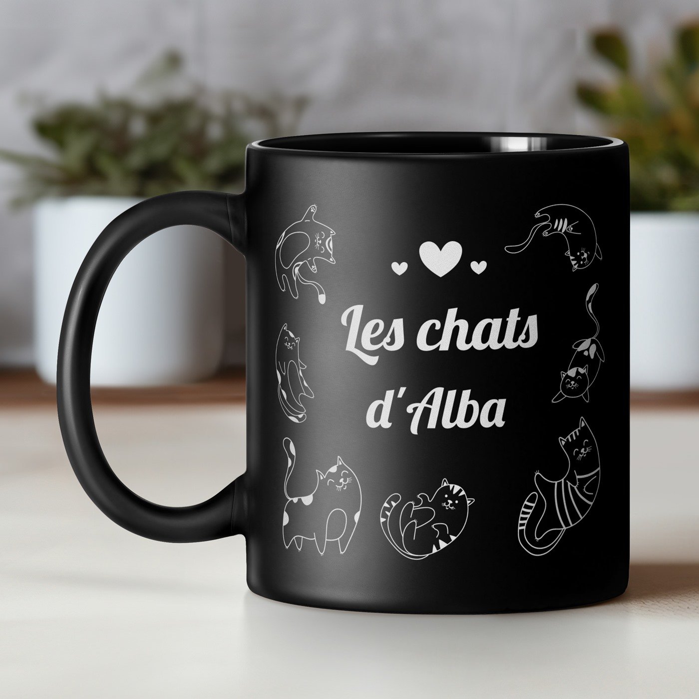 Mug de cerámica negra Murrano para amante de los gatos con personalización