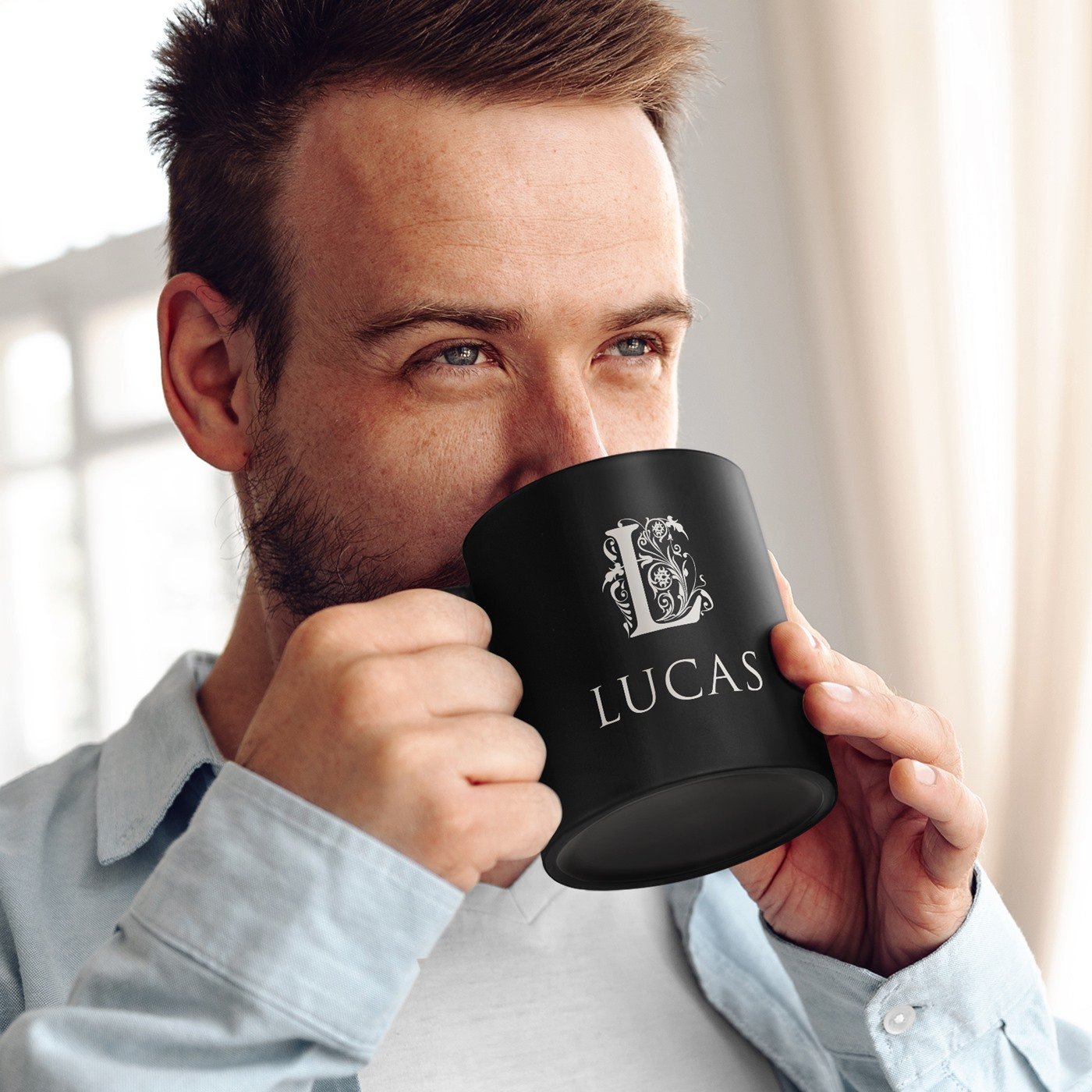 Murrano Black Ceramic Mug with Personalized Monogram for Him, Anniversary Gift