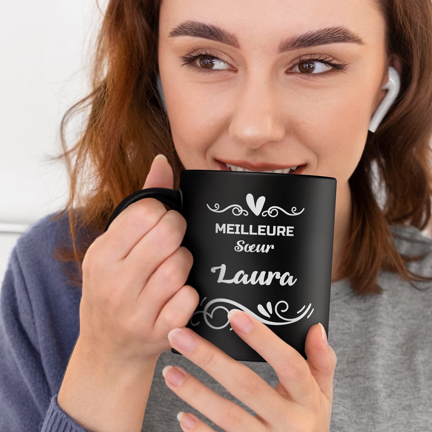 Taza de cerámica negra personalizada Murrano para hermana