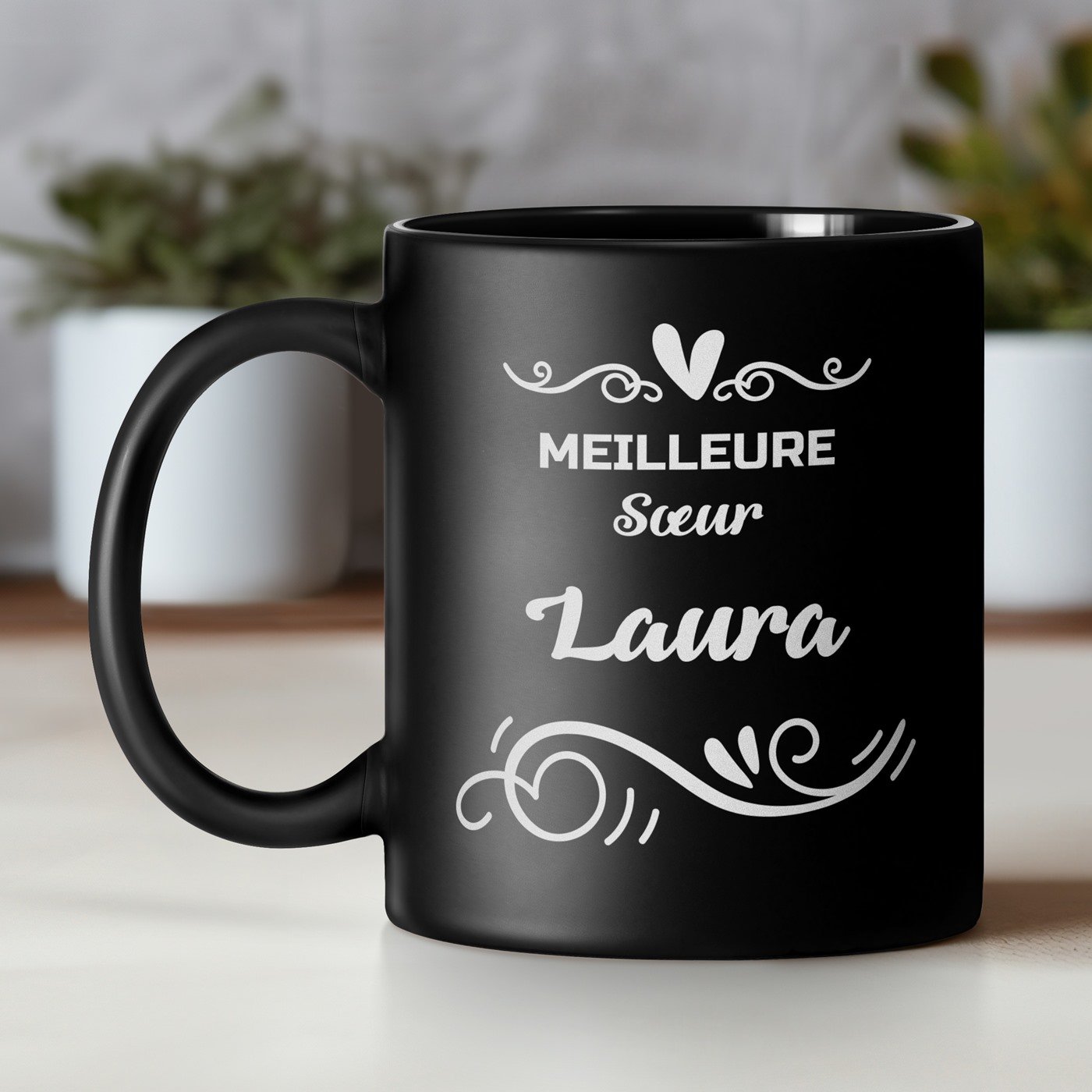 Taza de cerámica negra personalizada Murrano para hermana