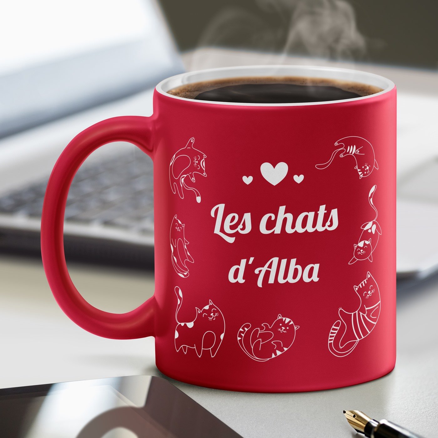 Mug de cerámica roja y blanca Murrano con personalización de gato cumpleaños para mujeres