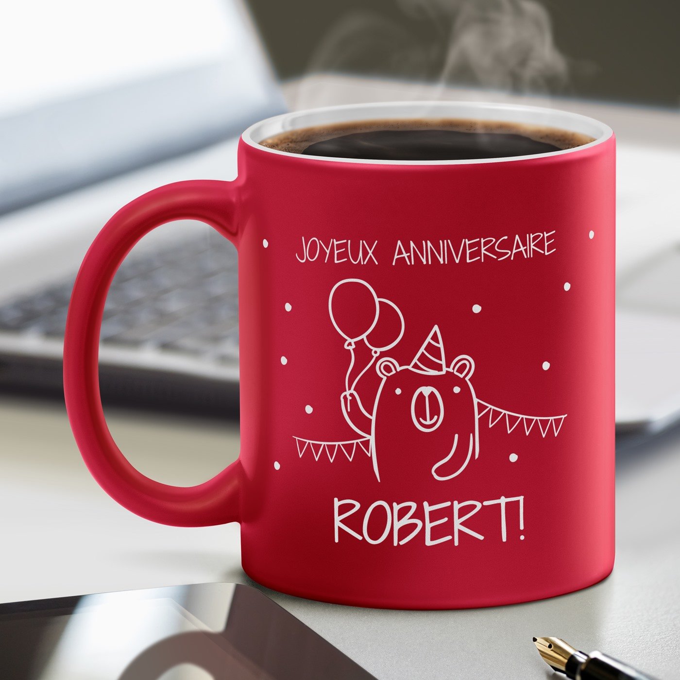 Mug de cerámica roja Murrano con base blanca y personalización para el aniversario de un hombre