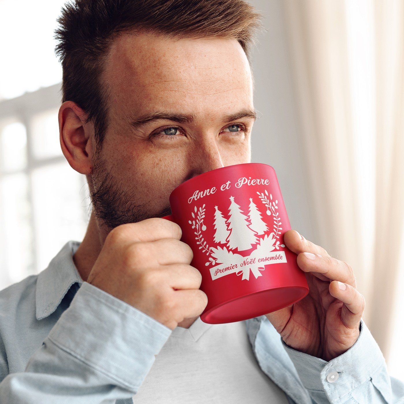 Taza de cerámica roja Murrano con base blanca y personalización para pareja Navidad