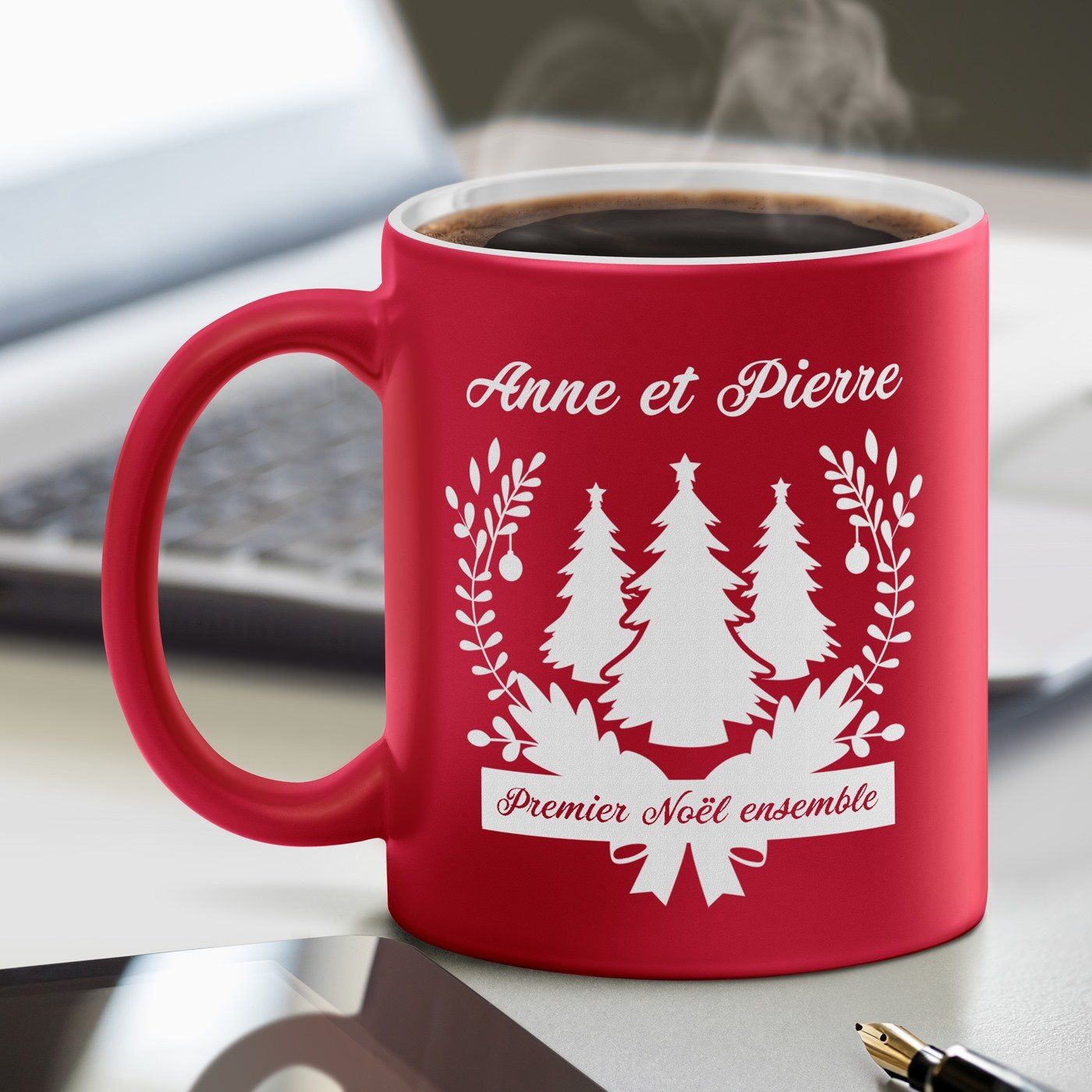 Taza de cerámica roja Murrano con base blanca y personalización para pareja Navidad