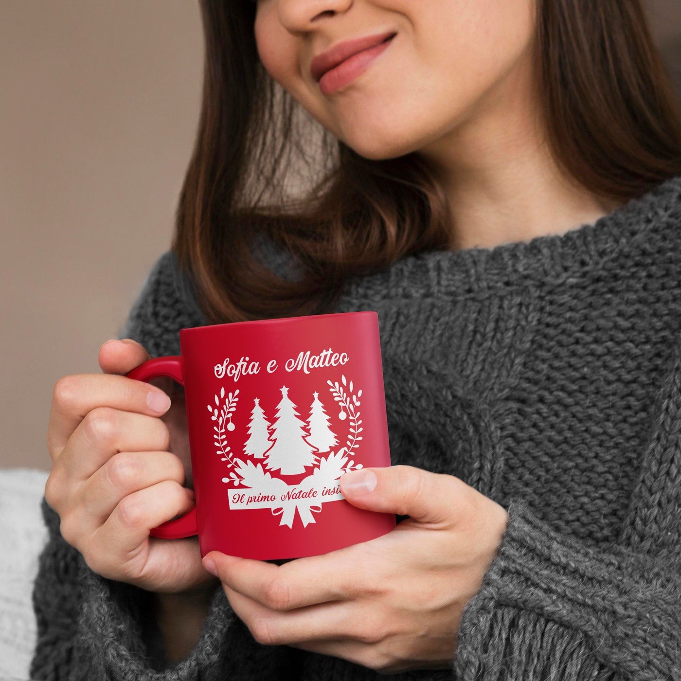 Taza de cerámica roja Murrano con base blanca y personalización para pareja Navidad