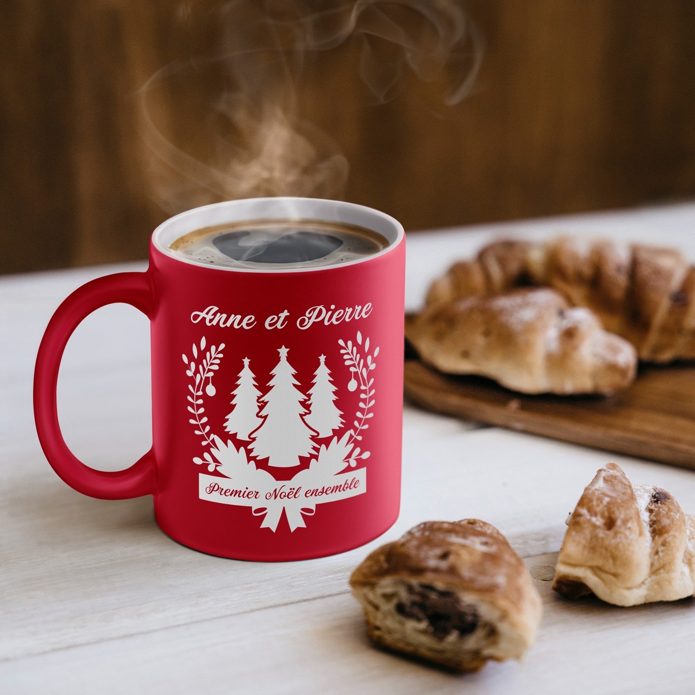Taza de cerámica roja Murrano con base blanca y personalización para pareja Navidad
