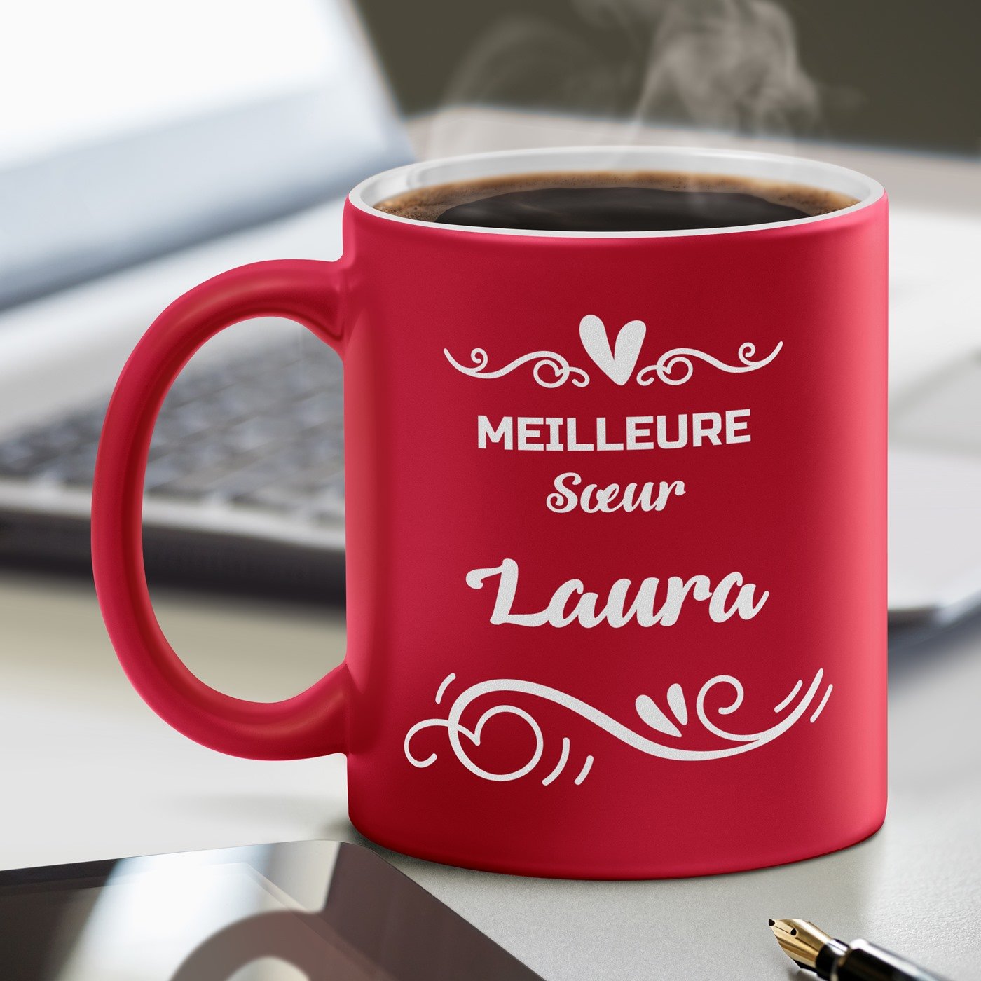 Mug de cerámica Murrano con base blanca y diseño rojo personalizado para la hermana mayor