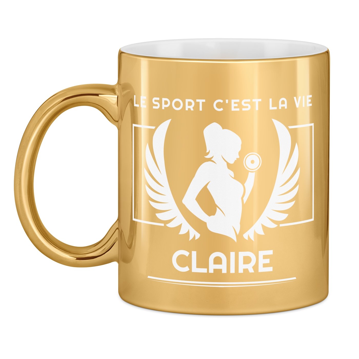 Taza de cerámica dorada Murrano con personalización para mujer deportista