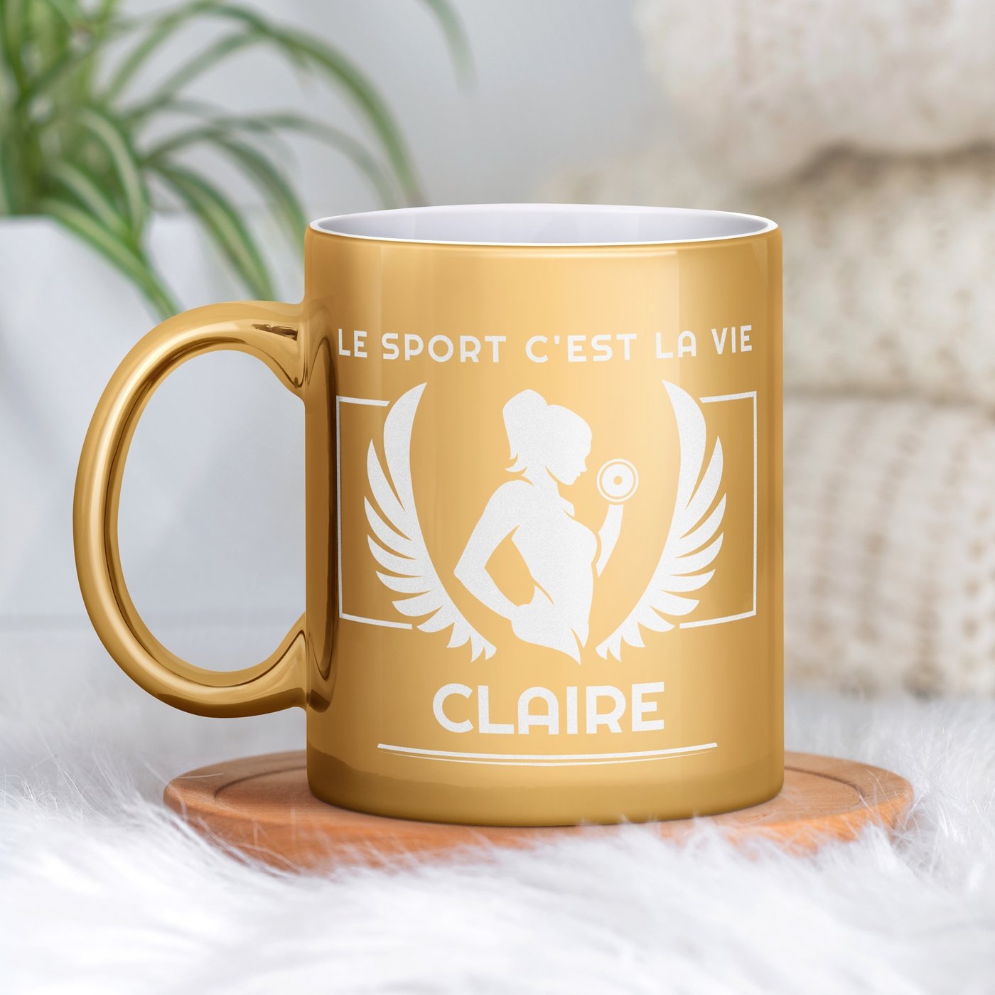 Taza de cerámica dorada Murrano con personalización para mujer deportista