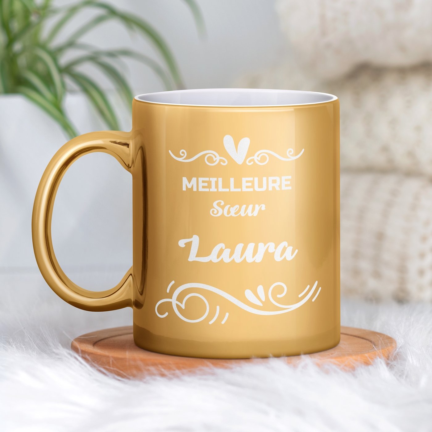 Mug de cerámica dorada Murrano con personalización para el aniversario de su hermana