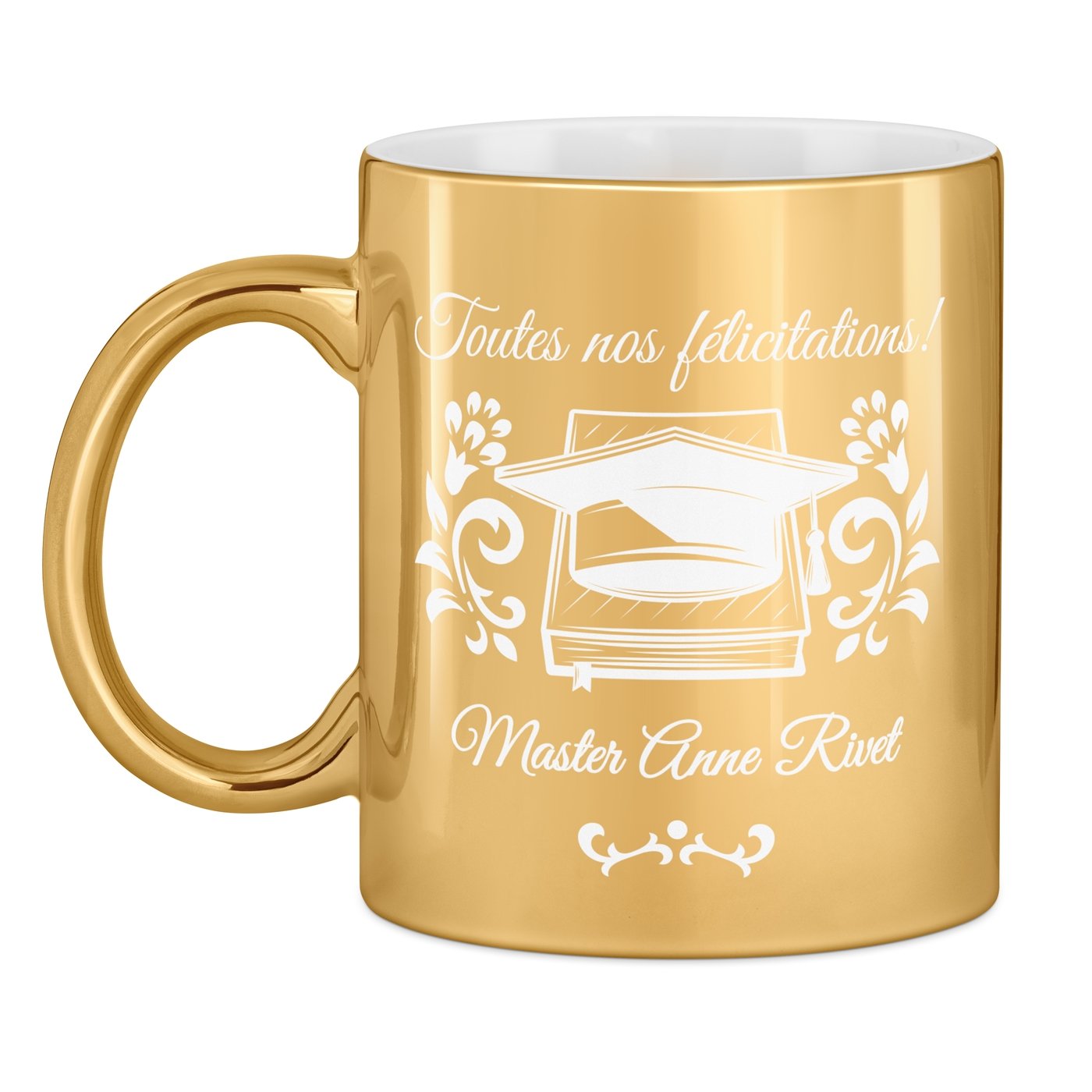 Taza de cerámica dorada personalizada para él, graduado en maestría