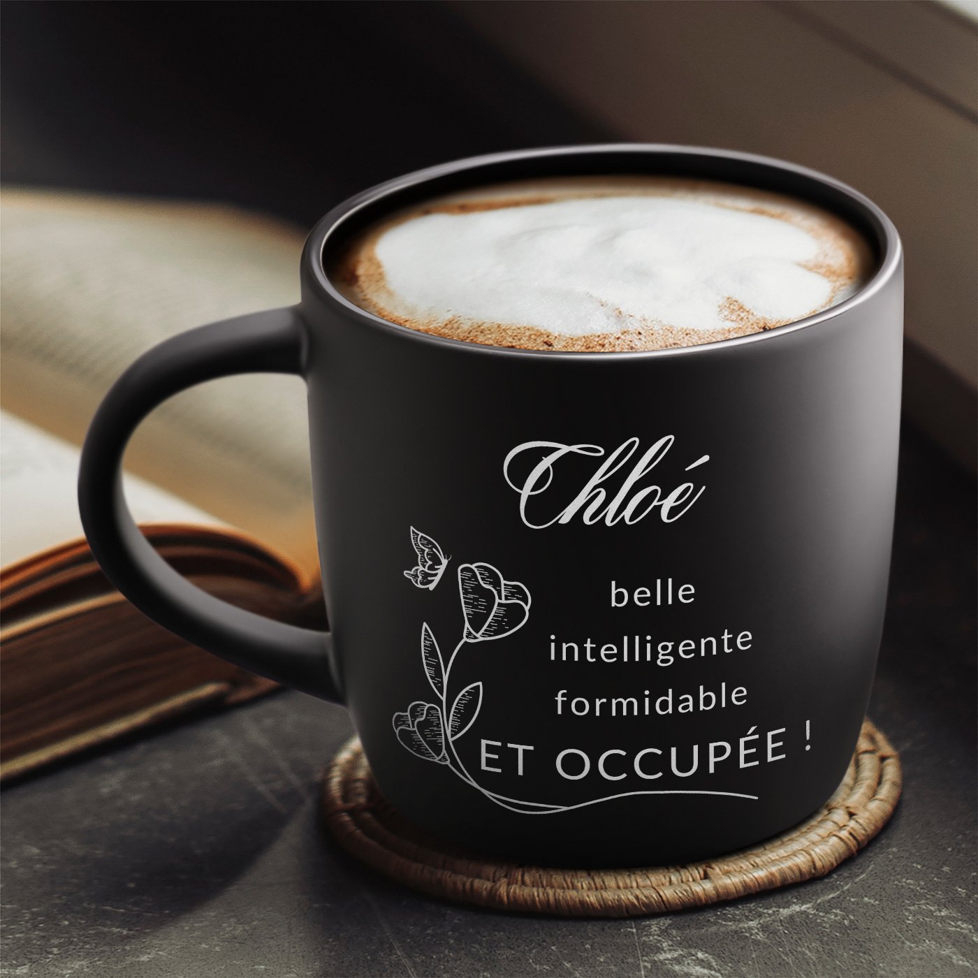Taza de cerámica negra Murrano con grabado para mujer - Regalo perfecto para bodas, cumpleaños y San Valentín