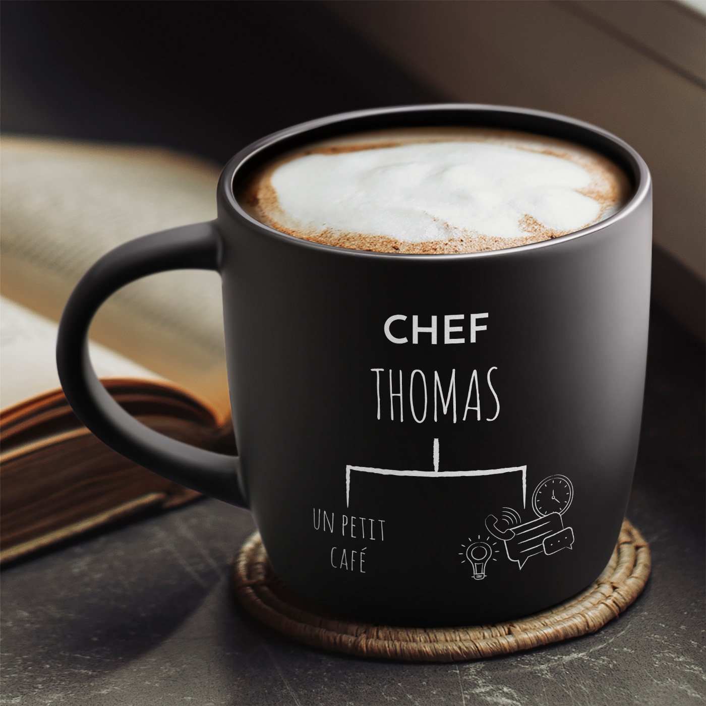 Taza de cerámica negra Murrano con grabado láser para el cumpleaños del jefe