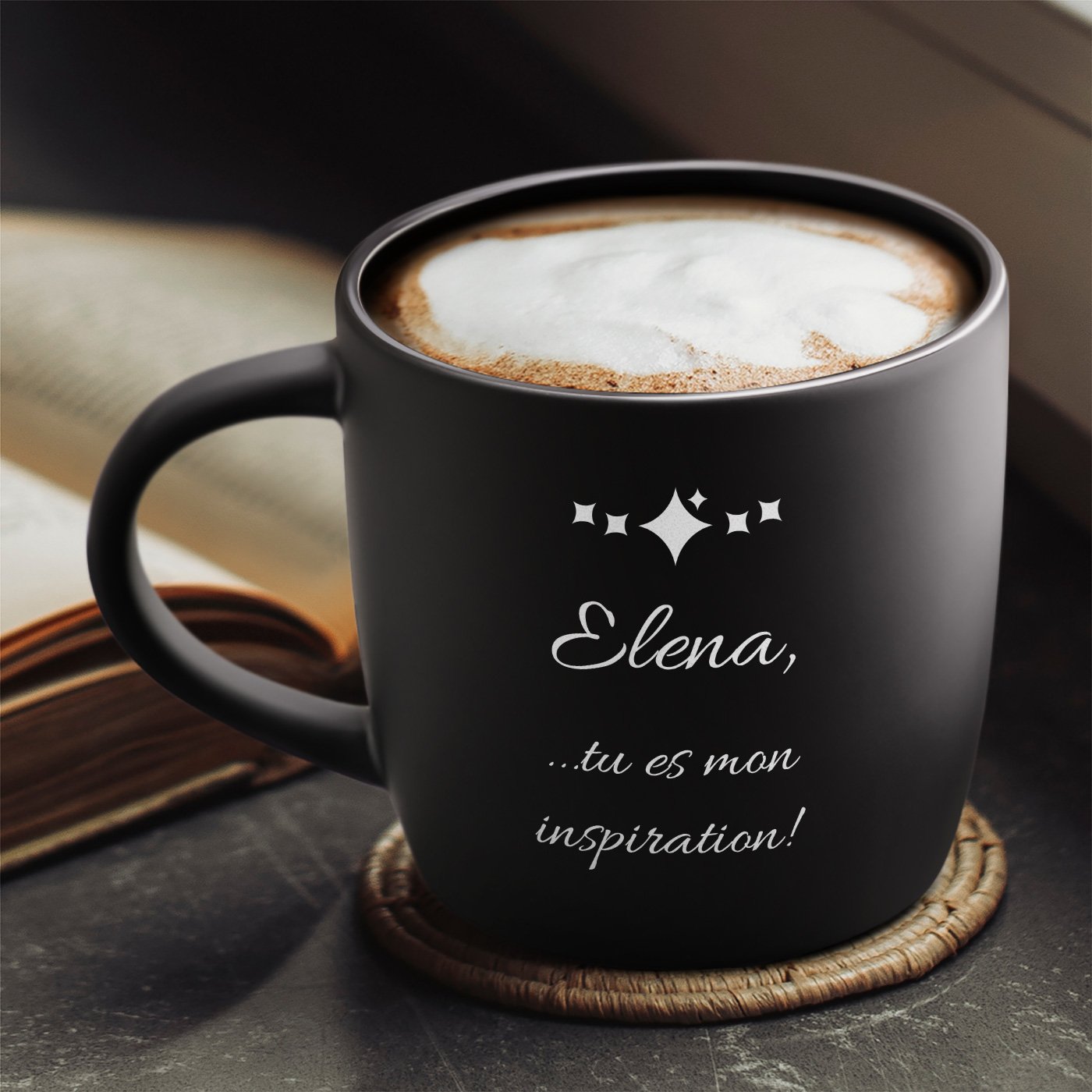 Mug de cerámica negra con grabado Murrano para mujeres - Inspiración aniversario