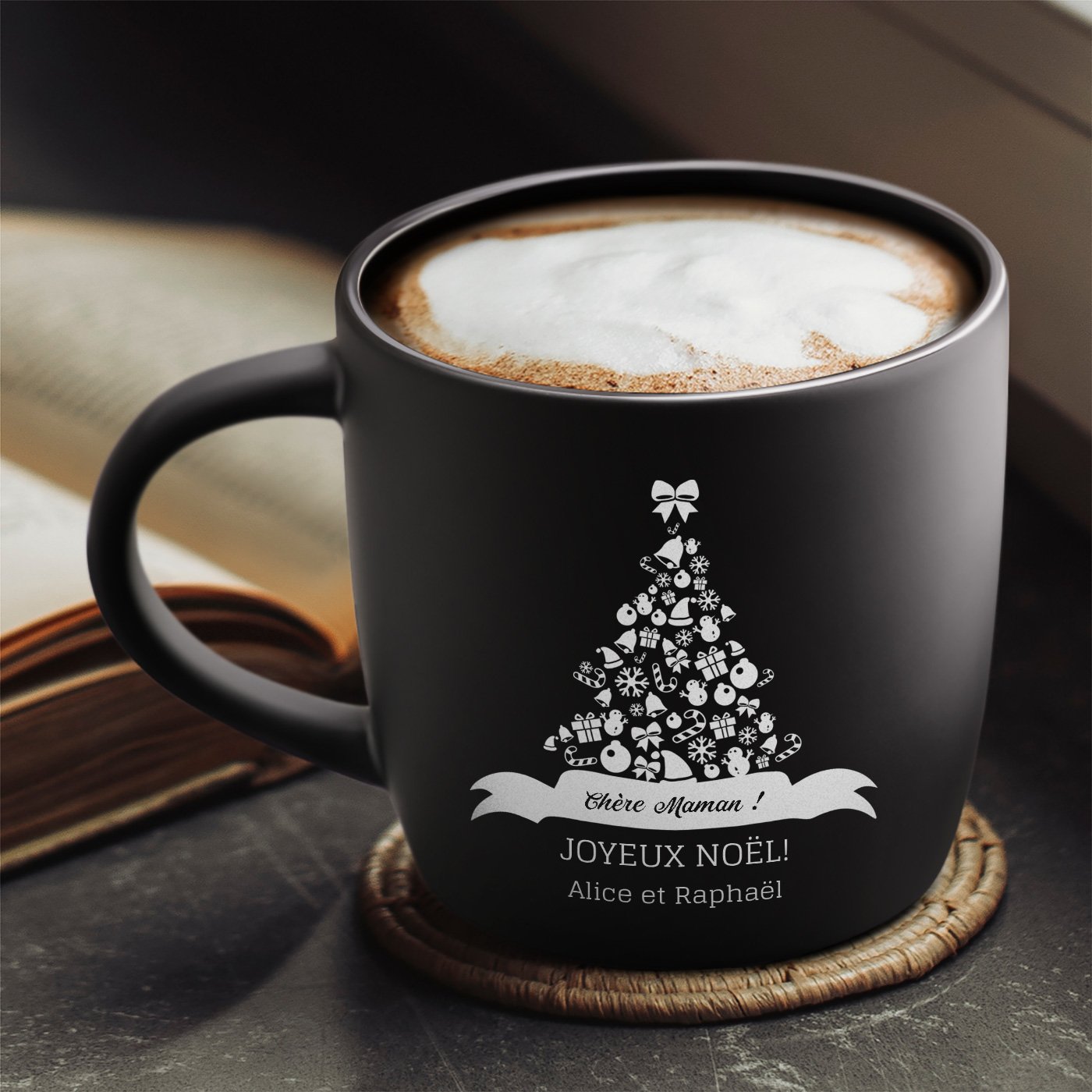 Taza de cerámica negra con Grabado para Mamá Árbol de Navidad Murrano