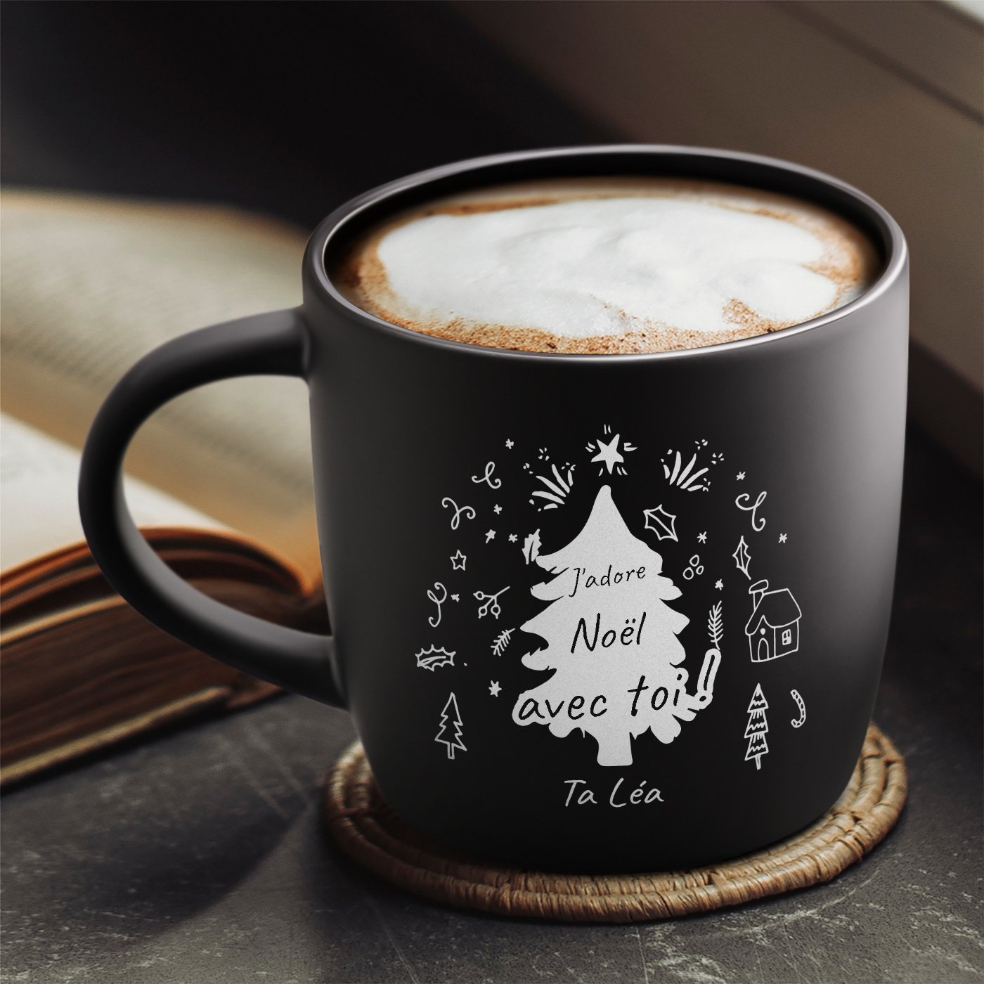 Mug de cerámica negra Murrano con grabado para él, amante, amigo, Navidad