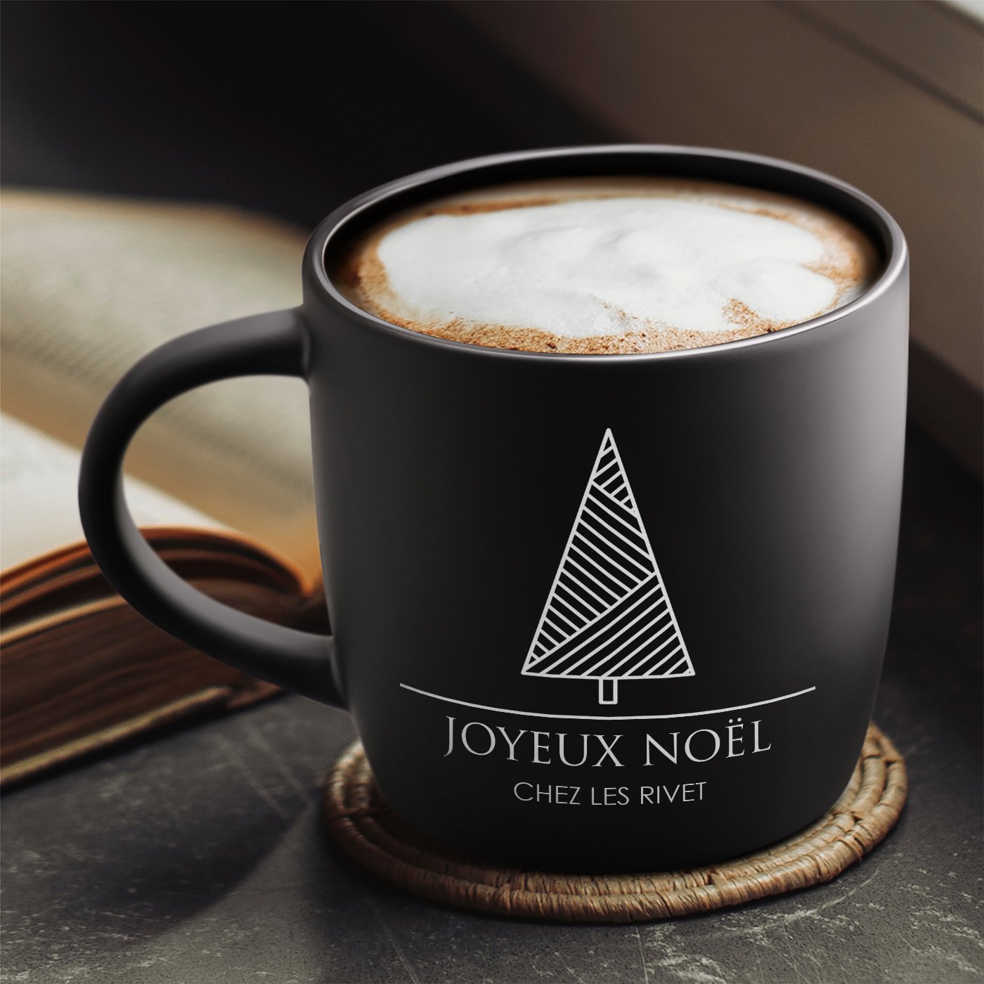 Tasse en céramique noire gravée Murrano pour couple famille Noël