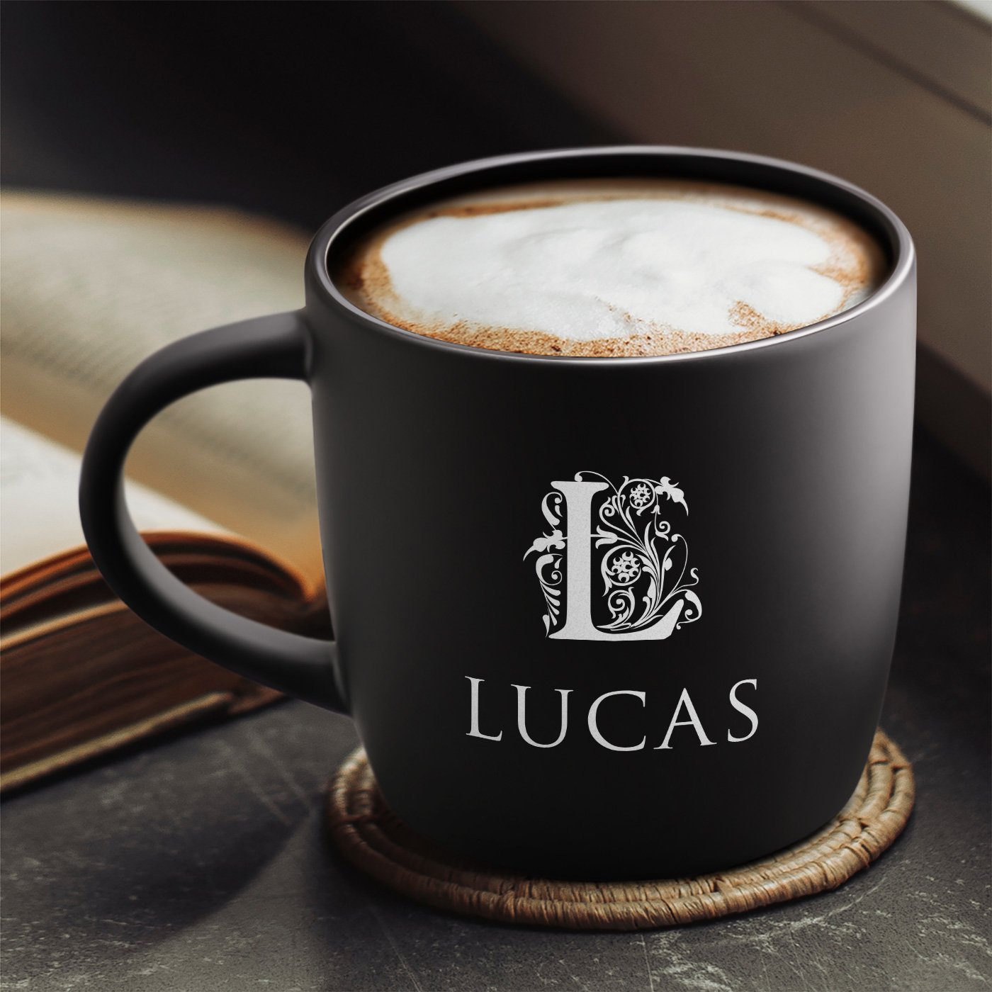 Taza de cerámica negra Murrano con grabado para el aniversario del hombre
