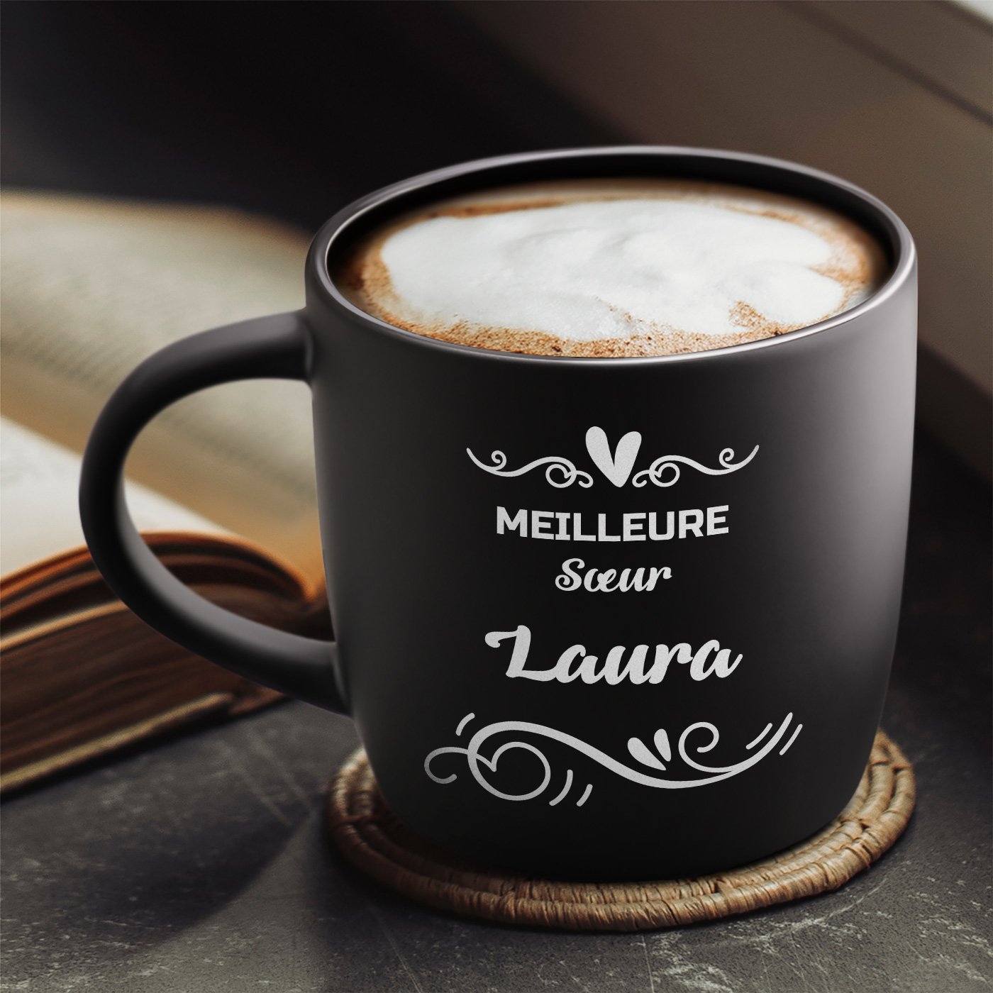 Taza de cerámica negra Murrano con grabado - La mejor hermana