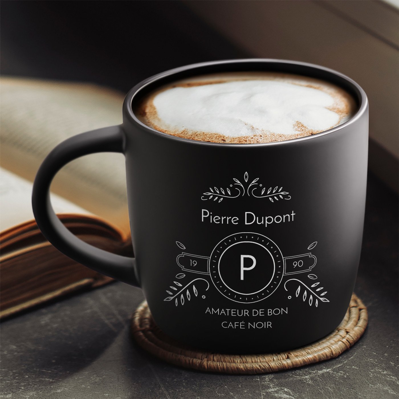 Murrano Black Ceramic Mug with Personalized Engraving for Coffee Lover